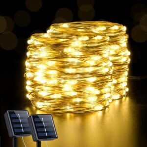 jmexsuss 66ft 200 led solar outdoor string lights, 2 pack solar fairy lights outdoor waterproof, solar christmas lights with 8 modes, warm white string lights for garden tree patio party decoration