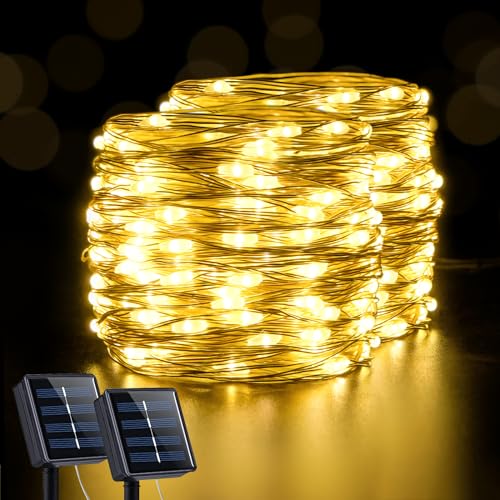 JMEXSUSS 66ft 200 LED Solar Outdoor String Lights, 2 Pack Solar Fairy Lights Outdoor Waterproof, Solar Christmas Lights with 8 Modes, Warm White String Lights for Garden Tree Patio Party Decoration