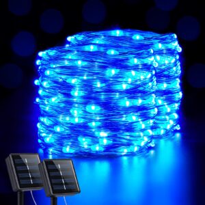 jmexsuss 2 pack 200 led blue solar lights outdoor waterproof with 8 modes, 66ft copper wire blue solar fairy lights for yard patio garden tree party wedding christmas decoration