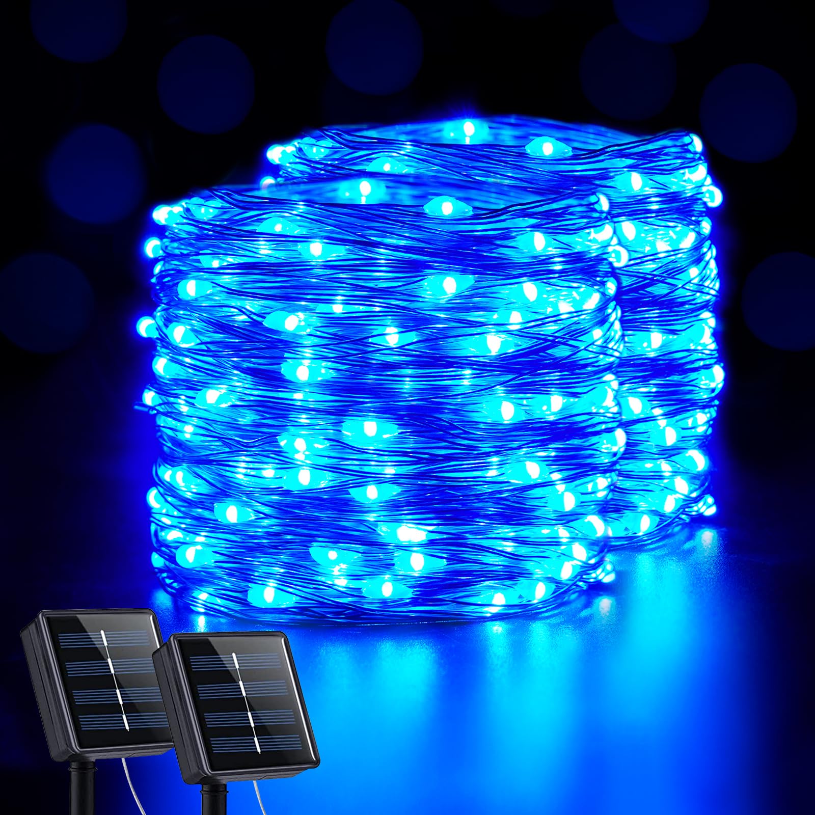 JMEXSUSS 2 Pack 200 LED Blue Solar Lights Outdoor Waterproof with 8 Modes, 66ft Copper Wire Blue Solar Fairy Lights for Yard Patio Garden Tree Party Wedding Christmas Decoration