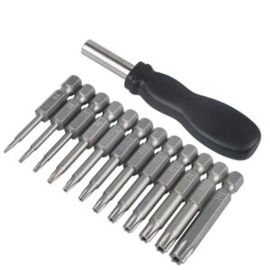 12 pack torx head screwdriver bit set,danzix 1/4 inch hex shank t5-t40 s2 steel security tamper proof star 6 point screwdriver tool kit with 1 pack handle