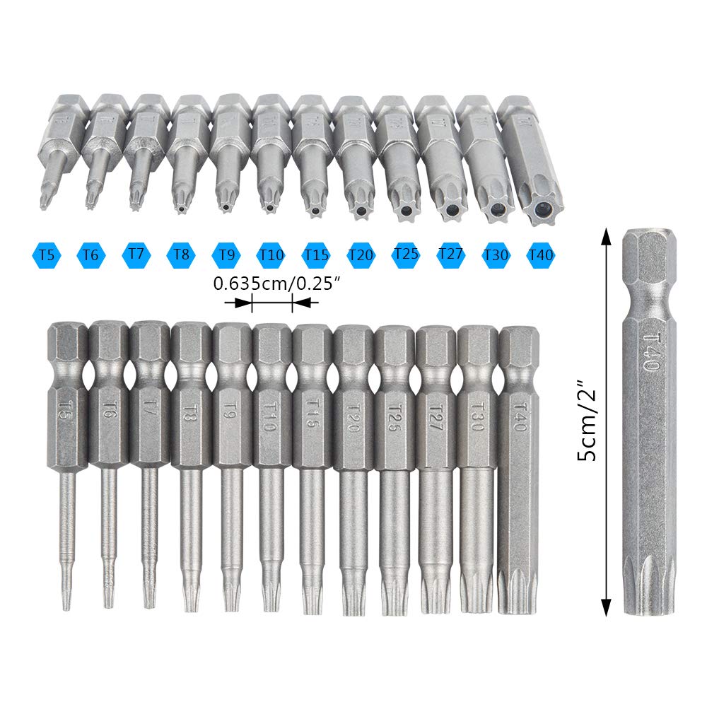 12 Pack Torx Head Screwdriver Bit Set,DanziX 1/4 inch Hex Shank T5-T40 S2 Steel Security Tamper Proof Star 6 Point Screwdriver Tool Kit with 1 Pack Handle