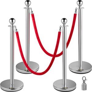 vevor 4pcs stainless steel stanchion posts queue, red velvet ropes silver, 38in rope barriers queue line crowd control barriers for party supplies