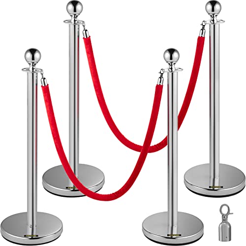 VEVOR 4PCS Stainless Steel Stanchion Posts Queue, Red Velvet Ropes Silver, 38In Rope Barriers Queue Line Crowd Control Barriers for Party Supplies