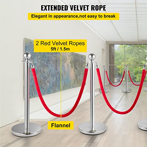 VEVOR 4PCS Stainless Steel Stanchion Posts Queue, Red Velvet Ropes Silver, 38In Rope Barriers Queue Line Crowd Control Barriers for Party Supplies