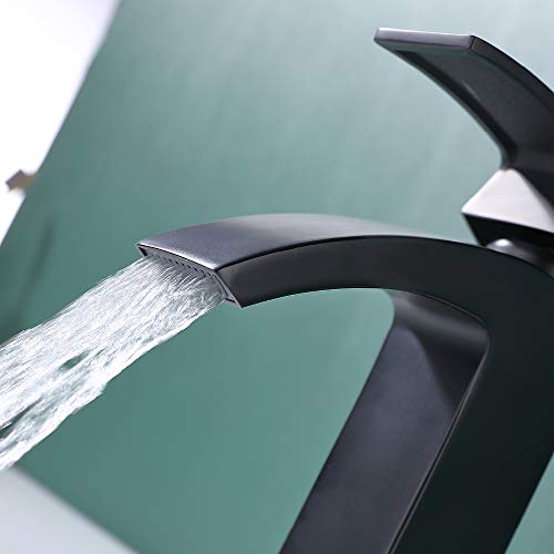 JAKARDA Single Handle Waterfall Bathroom Fuaucet with Drain Assemblely and Escutcheon, Black (Matte Black)