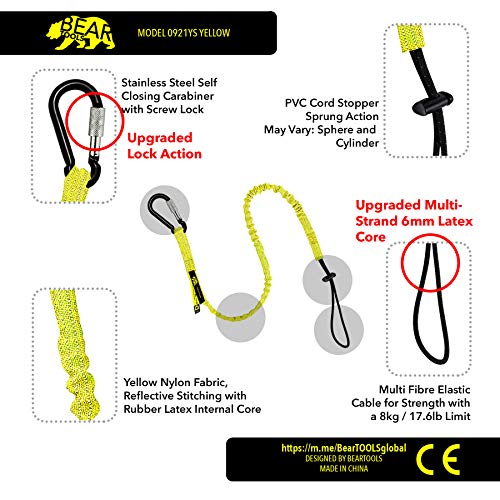 BearTOOLS Tool Lanyard with Buckle Strap – Clip Bungee Cord – Heavy Duty Screw Locking Carabiner – Fall Protection and Safety – Adjustable Loop End – Tough Tether – Construction - 0929YS (10 Pack)