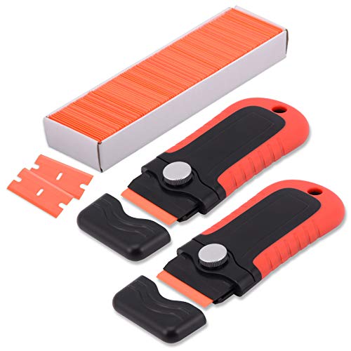 GOMAKE 1.5" Locking Razor Blade Scraper with Safety Cap - 2PCS Plastic Scraper with 100PCS Double Edge Plastic Blades, Scraper Tool for Glass Cleaning, Sticker and Labels Removal