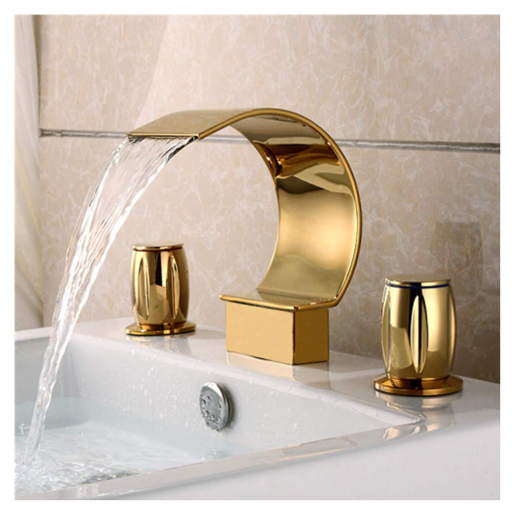 Sprinkle Elegant Waterfall Double Handle Bathroom Sink Faucet Arc Waterfall Spout Bathtub Filler Faucet with Three Holes Widespread Bathroom Faucet Gold