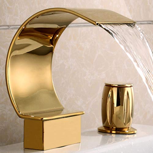 Sprinkle Elegant Waterfall Double Handle Bathroom Sink Faucet Arc Waterfall Spout Bathtub Filler Faucet with Three Holes Widespread Bathroom Faucet Gold