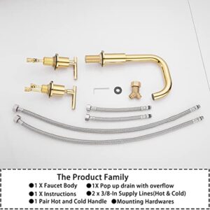 GGStudy 360° Swivel Spout Two Handles 3 Holes 8-16 inch Widespread Bathroom Sink Faucet Gold Finish Matching with Pop Up Drain