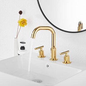 GGStudy 360° Swivel Spout Two Handles 3 Holes 8-16 inch Widespread Bathroom Sink Faucet Gold Finish Matching with Pop Up Drain