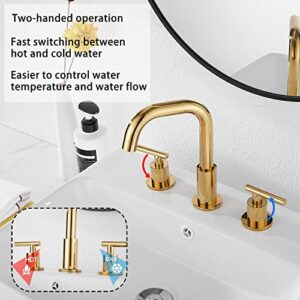 GGStudy 360° Swivel Spout Two Handles 3 Holes 8-16 inch Widespread Bathroom Sink Faucet Gold Finish Matching with Pop Up Drain