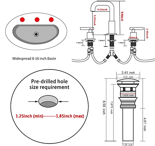 GGStudy 360° Swivel Spout Two Handles 3 Holes 8-16 inch Widespread Bathroom Sink Faucet Gold Finish Matching with Pop Up Drain