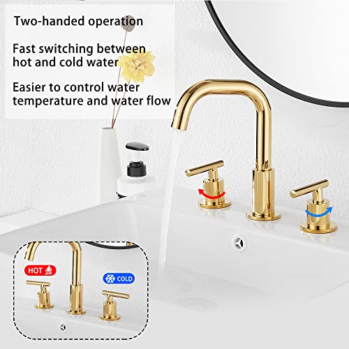 GGStudy 360° Swivel Spout Two Handles 3 Holes 8-16 inch Widespread Bathroom Sink Faucet Gold Finish Matching with Pop Up Drain