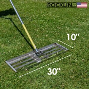 Rocklin™ Lawn Leveling Rake | Levelawn Tool | Level Soil or Dirt Ground Surfaces Easily | 30” x 10” Ground Plate | 78” Extra Long Handle | Stainless Steel