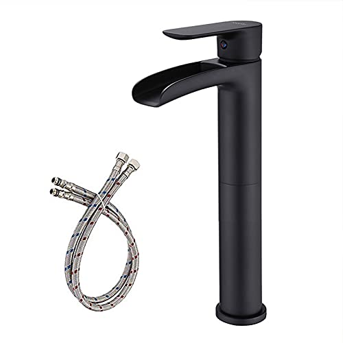 NEWATER Vessel Sink Faucet Brass Waterfall Spout Bathroom Faucet Tall Body Single Hole One Handle Bathroom Sink Faucet Commercial Faucet for Bathroom Sink Vanity Faucet with Supply Lines，Matte Black