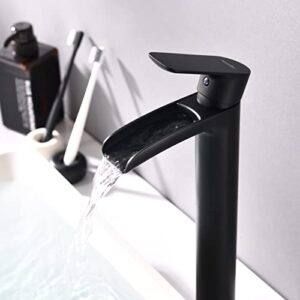 NEWATER Vessel Sink Faucet Brass Waterfall Spout Bathroom Faucet Tall Body Single Hole One Handle Bathroom Sink Faucet Commercial Faucet for Bathroom Sink Vanity Faucet with Supply Lines，Matte Black