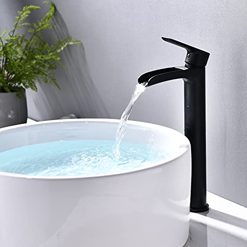 NEWATER Vessel Sink Faucet Brass Waterfall Spout Bathroom Faucet Tall Body Single Hole One Handle Bathroom Sink Faucet Commercial Faucet for Bathroom Sink Vanity Faucet with Supply Lines，Matte Black