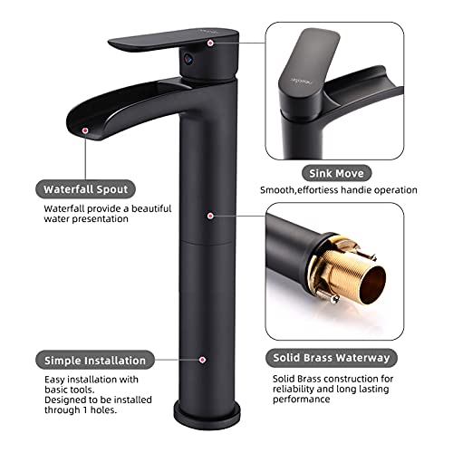 NEWATER Vessel Sink Faucet Brass Waterfall Spout Bathroom Faucet Tall Body Single Hole One Handle Bathroom Sink Faucet Commercial Faucet for Bathroom Sink Vanity Faucet with Supply Lines，Matte Black