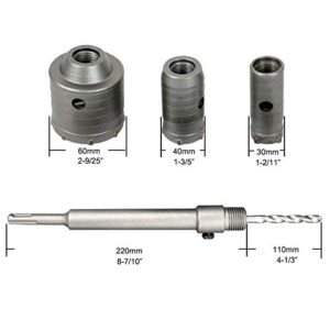 Concrete Hole Saw Kits, Tungsten Steel SDS Plus Shank Wall Hole Cutter Cement Stone Drill Bit Sets 1-2/11, 1-3/5, 2-4/5 Inch(30, 40, 60mm), with 8-7/10 Inch(220mm) Connecting Rod, 3 Center Drill Bits