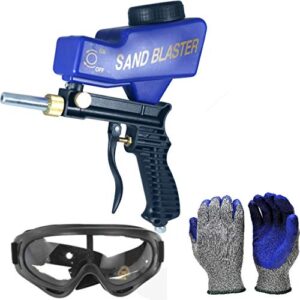 portable sandblaster gun & soda blaster: handheld, gravity-feed abrasive blaster with gloves, goggles, nozzle (super-funneling technology)