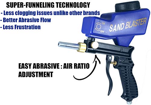 Portable Sandblaster Gun & Soda Blaster: Handheld, Gravity-Feed Abrasive Blaster with Gloves, Goggles, Nozzle (Super-Funneling Technology)