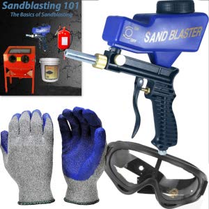 Portable Sandblaster Gun & Soda Blaster: Handheld, Gravity-Feed Abrasive Blaster with Gloves, Goggles, Nozzle (Super-Funneling Technology)