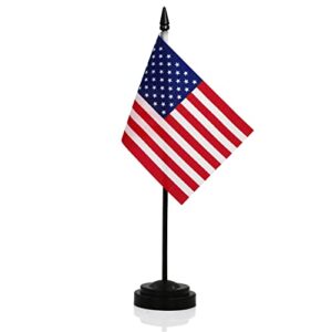 anley usa deluxe desk flag set - 6 x 4 inch miniature american us desktop flag with 12" solid pole - vivid color and fade resistant - black base and spear top