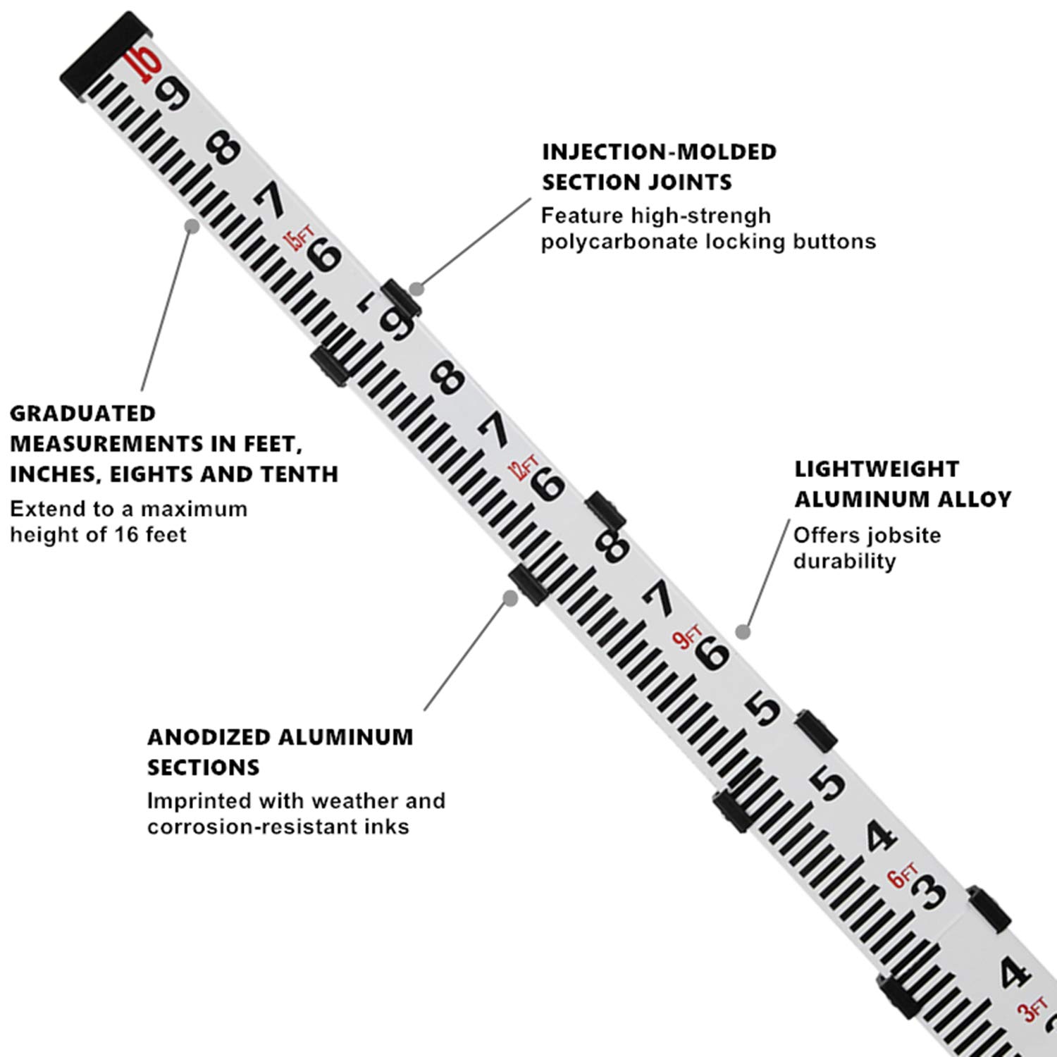 Firecore 16-Foot Aluminum Grade Rod - 10ths, 5 Sections Telescopic with Bubble Level-FLR500B