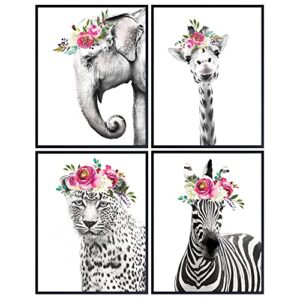 jungle animals floral watercolor wall art print 4 posters set - home decor for girls, teens or kids room, baby bedroom, nursery - great shower gift - 8x10 unframed - giraffe, zebra, elephant, leopard