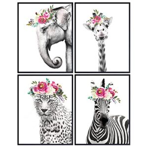 Jungle Animals Floral Watercolor Wall Art Print 4 Posters Set - Home Decor for Girls, Teens or Kids Room, Baby Bedroom, Nursery - Great Shower Gift - 8x10 Unframed - Giraffe, Zebra, Elephant, Leopard