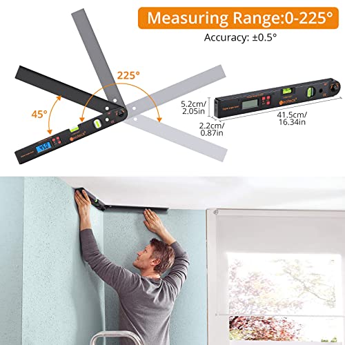 Neoteck Aluminum Digital Angle Finder Protractor 225° 16 inch Backlit LCD Digital with Horizontal and Vertical Bubble - Black