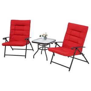 incbruce 3 pcs folding chair set outdoor furniture adjustable reclining bistro set with red cushions, steel frame and coffee table for patio front porch garden deck