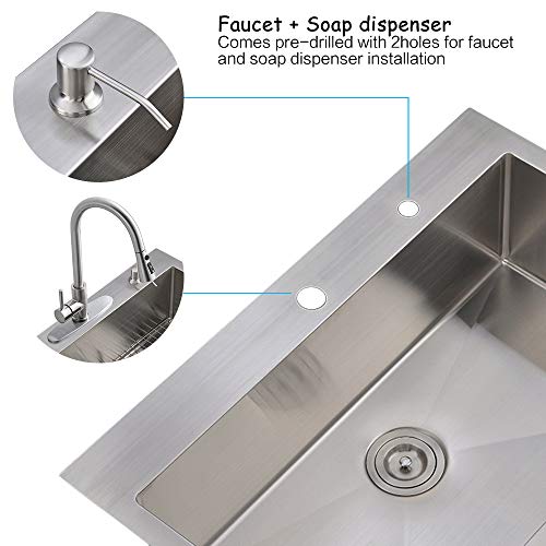 33-inch Drop In Kitchen Sink Stainless Steel -VOKIM 33 Inch Topmount Drop-in Single Bowl Handmade Stainless Steel 16 Gauge Kitchen Sink, With Dish Grid and Basket Strainer,Soap Dispenser