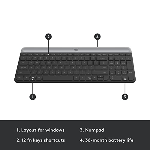 Logitech MK470 Slim Wireless Keyboard and Mouse Combo - Modern Compact Layout, Ultra Quiet, 2.4 GHz USB Receiver, Plug n' Play Connectivity, Compatible with Windows - Graphite