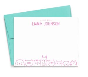 personalized cat stationary for girls, personalized stationary set for kids, flat note cards, your choice of colors and quantity