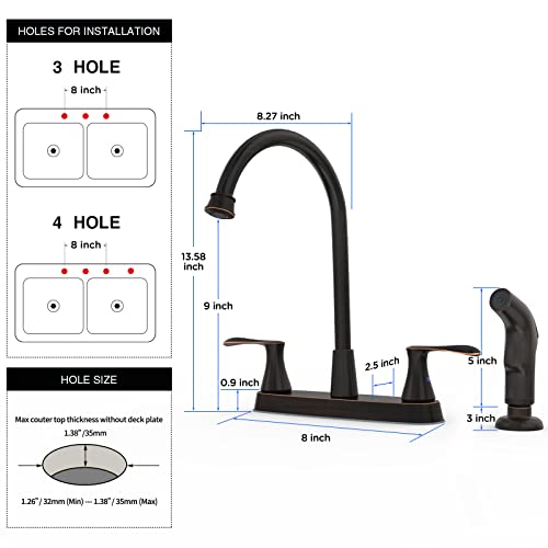 Kitchen Faucets for Sink 3 Hole,2-Handle Kitchen Faucet with Side Sprayer,Oil-Rubbed Bronze Kitchen Sink Faucet,4 Hole Faucet for Kitchen Sink Stainless Steel