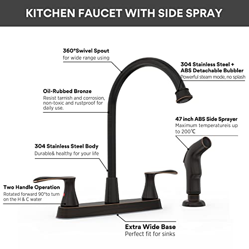 Kitchen Faucets for Sink 3 Hole,2-Handle Kitchen Faucet with Side Sprayer,Oil-Rubbed Bronze Kitchen Sink Faucet,4 Hole Faucet for Kitchen Sink Stainless Steel