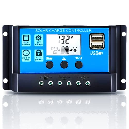 EpRec Solar Charge Controller 10A 12V/24V Solar Panel Charge Controller with USB Port LCD Display,Compatible with Sealed, Gel, and Flooded Batteries