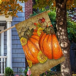 Pickako Thanksgiving Day Pumpkins Rustic Autumn Fall Harvest Flowers Leaves House Flag 28 x 40 Inch, Double Sided Large Garden Yard Welcome Flags Banners for Home Lawn Patio Outdoor Decor