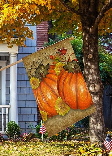 Pickako Thanksgiving Day Pumpkins Rustic Autumn Fall Harvest Flowers Leaves House Flag 28 x 40 Inch, Double Sided Large Garden Yard Welcome Flags Banners for Home Lawn Patio Outdoor Decor