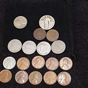 1 Ultimate Collection of Old Coins. 2 Indian Head Pennies, 10 Wheat Pennies, 4 Liberty Nickels, and 1 Silver Walking Liberty Quarter Good