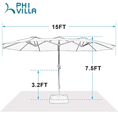 PHI VILLA 15ft Patio Umbrellas, Outdoor Market Extra Large Double-Sided Umbrella with Umbrella Base, Huge Rectangular Umbrella with 1.9" Pole (Brick Red)