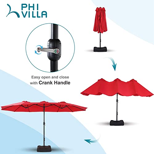 PHI VILLA 15ft Patio Umbrellas, Outdoor Market Extra Large Double-Sided Umbrella with Umbrella Base, Huge Rectangular Umbrella with 1.9" Pole (Brick Red)