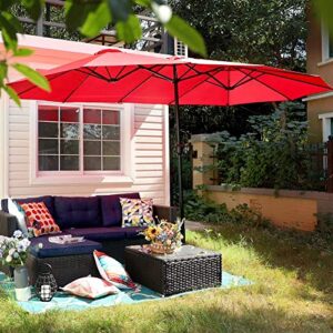 PHI VILLA 15ft Patio Umbrellas, Outdoor Market Extra Large Double-Sided Umbrella with Umbrella Base, Huge Rectangular Umbrella with 1.9" Pole (Brick Red)