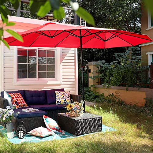 PHI VILLA 15ft Patio Umbrellas, Outdoor Market Extra Large Double-Sided Umbrella with Umbrella Base, Huge Rectangular Umbrella with 1.9" Pole (Brick Red)