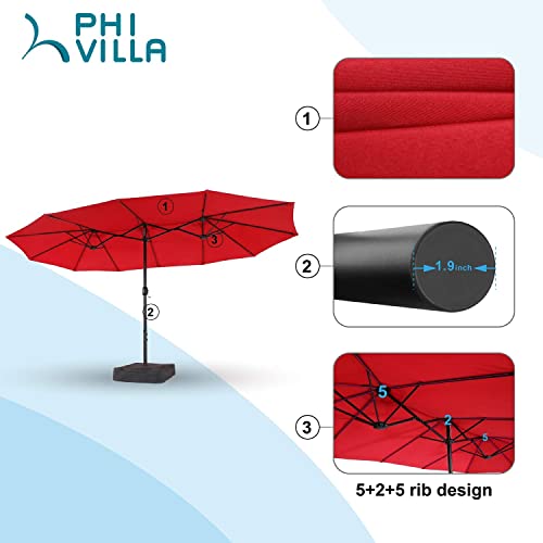 PHI VILLA 15ft Patio Umbrellas, Outdoor Market Extra Large Double-Sided Umbrella with Umbrella Base, Huge Rectangular Umbrella with 1.9" Pole (Brick Red)