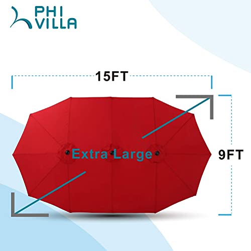 PHI VILLA 15ft Patio Umbrellas, Outdoor Market Extra Large Double-Sided Umbrella with Umbrella Base, Huge Rectangular Umbrella with 1.9" Pole (Brick Red)