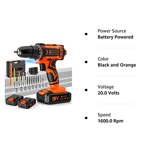 Drill Set, V VONTOX 20V Cordless Drill with 2 Batteries 2.0AH & Fast Charger, Home Power Drill 3/8" Keyless Chuck, 370 In-lb Torque, 2 Speed, 25+1 Position, 24pcs Drill for DIY